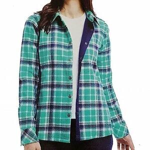 Orvis Fleece Lined Plaid Flannel Shirt Jacket Sea Glass Snaps Pockets sz S